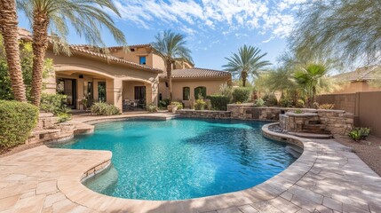 Serene backyard oasis featuring a sparkling pool surrounded by lush palm trees and stonework