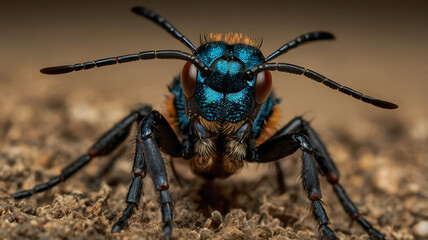 Fototapeta premium Macro shot of a vibrant blue-headed insect with intricate details and textures