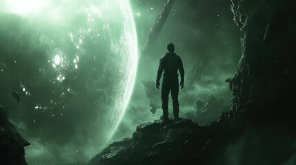 Obraz premium Astronaut gazes at luminous moon in a surreal cosmic landscape