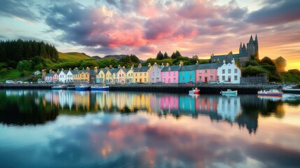 Fototapeta premium Colorful waterfront houses reflected in a calm body of water at sunset.