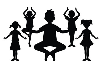 Black Silhouette of School Kids Practicing Yoga in Fun and Calm Style