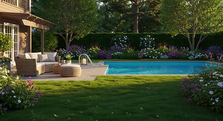 Serene Backyard Oasis: Evening 3D Render of a Poolside Retreat