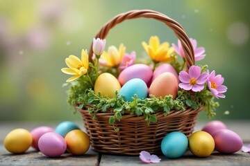 Colorful Easter eggs nestled in a spring basket overflowing with blooming flowers , Easter eggs, spring flowers, eggs