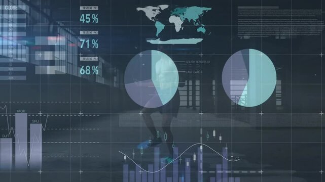 man performing squat in industrial gym, with fitness analytics, pie charts and world map floating