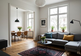 Bright living room with dining area, sofa and rug in a modern apartment