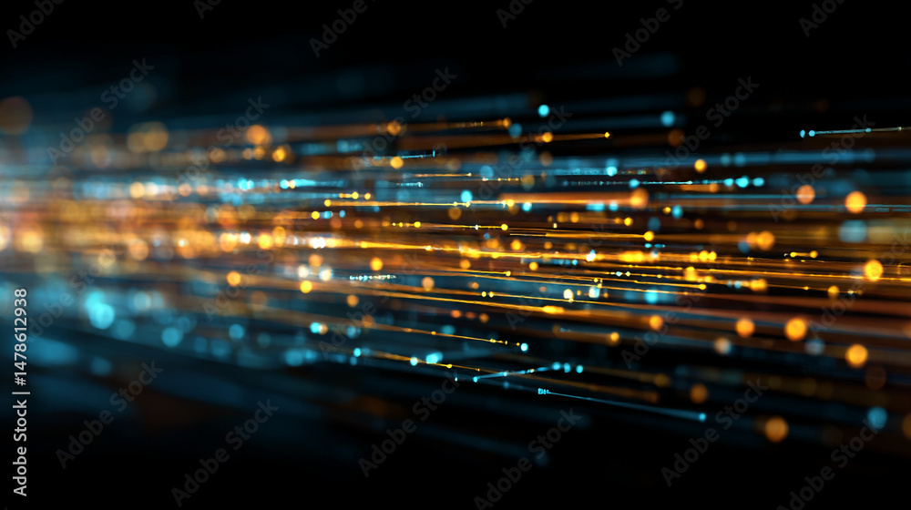 Poster Abstract data stream visualization background with glowing light trails and digital information flow lines