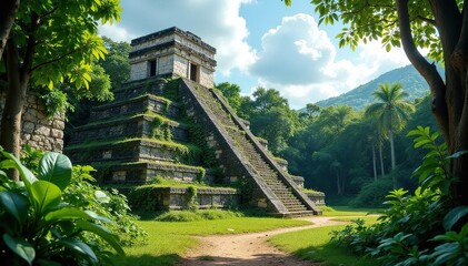 Ancient Mayan ruins overgrown with lush jungle vegetation, showcasing intricate stone carvings and weathered architecture under a bright sky , weathered, fauna