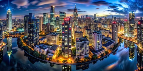 Naklejka premium Night Cityscape: High-Rise Buildings Reflecting City Lights Aerial View
