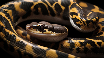 Obraz premium Stunning close-up of a coiled snake with intricate patterns and captivating eye contact