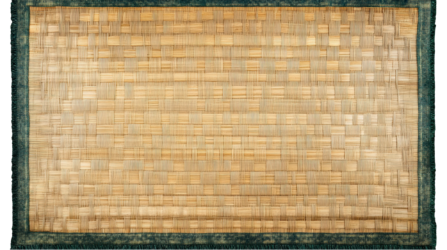 Woven straw mat with a green fringed border creates a textured pattern background