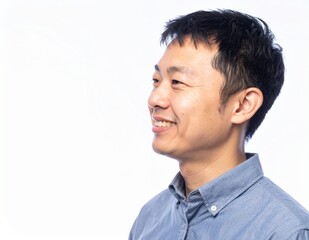 Obraz premium Side Profile of Smiling Japanese Man with White Background and Copy Space