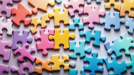 Colorful jigsaw puzzle pieces scattered on a light surface