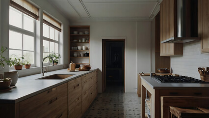 Modern kitchen interior design with wooden cabinets and natural light.