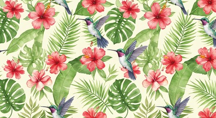 Watercolor Hummingbirds and Hibiscus: A Tropical Tapestry