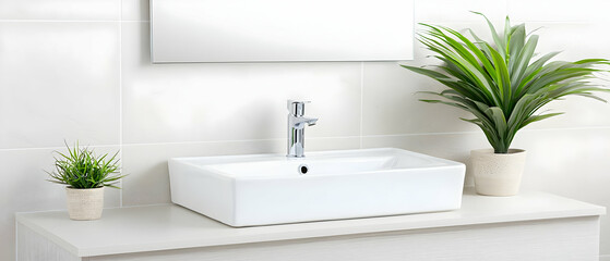 Fototapeta premium Modern White Bathroom Sink With Plant Decor