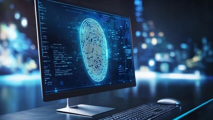 High-tech computer monitor displaying a digital fingerprint analysis in a futuristic cityscape - Powered by Adobe