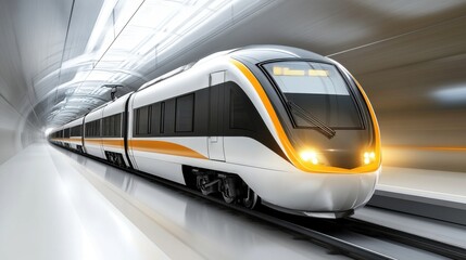 Naklejka premium Modern High-Speed Train in Motion Within a Futuristic Tunnel
