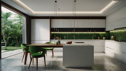 Modern kitchen interior with stylish design, island, and lush green outdoor view.