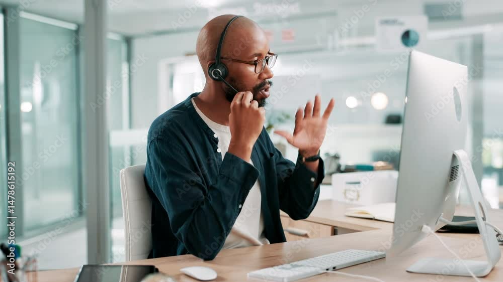 Poster computer, headset and support with black man in call center for assistance or feedback. contact us, 