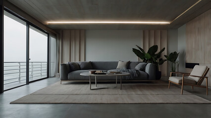 Fototapeta premium Modern living room interior with large windows, sofa, and minimalist design.
