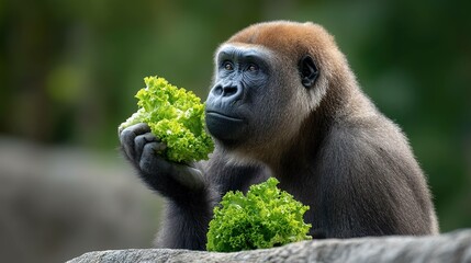 Obraz premium Gorilla eating green vegetables