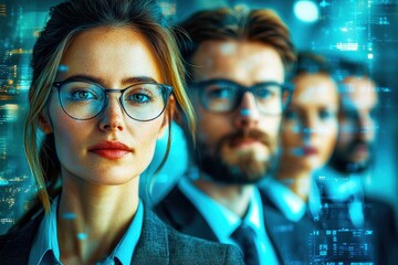 Professional business team with modern technology background, focused woman in front, analytics and digital data overlay in corporate environment