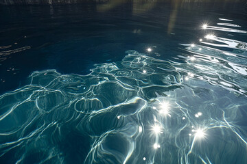 Stunning sunlight reflections and refraction patterned on deep blue water surface with textural ripples