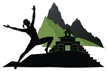 Black Silhouette Yoga Pose at Machu Picchu in Scenic Style