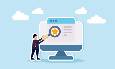 Businessman examining star icon on app interface with magnifying glass on monitor illustrating digital real-time business quality monitoring