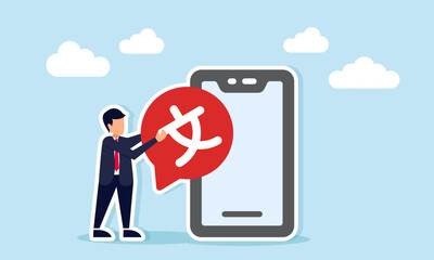Businessman Holding Chat Dialog with Chinese Character Beside Smartphone Illustration of Cross Language Communication