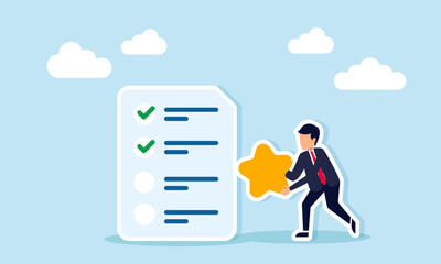 Businessman Holding Star Beside Checklist Illustration of Business Quality Milestone and Progress