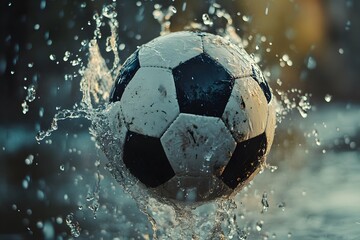 Fototapeta premium Dynamic capture of a soccer ball surrounded by splashing water during a competitive game sport action