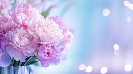 Fototapeta premium Beautiful pastel peony bouquet on soft background, romantic and luxurious vibe