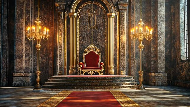 A majestic throne room with ornate details and golden accents perfect for fantasy storytelling or historical dramas