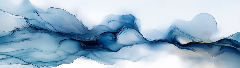 Abstract blue and white ink painting, flowing design.