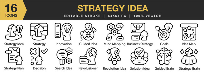 Strategy Idea icon set. Editable Stroke Icon Collection. Includes strategy, business, idea, success, management, marketing, and More. Outline icons vector collection.