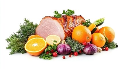 Christmas food. Tasty baked ham, oranges and vegetables isolated on white