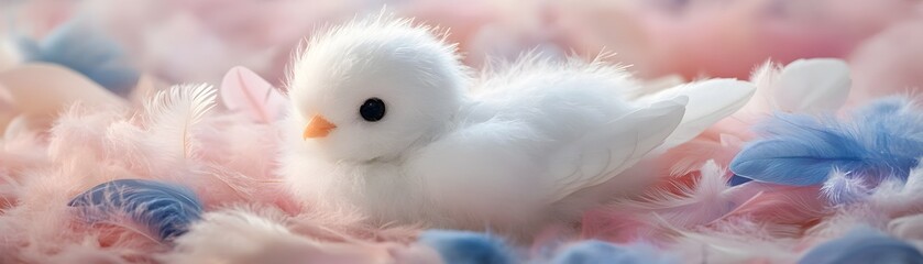 Delicate, fluffy chick nestled amongst pastel feathers.