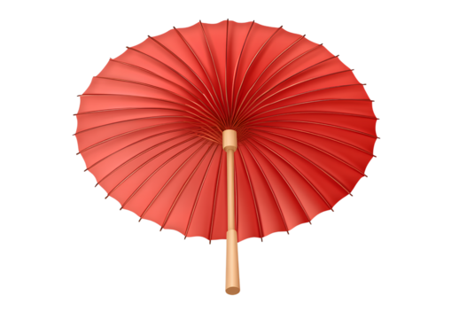  A red paper umbrella with a wooden handle, transparent background PNG sticker format, vector graphics, simple lines and shapes,