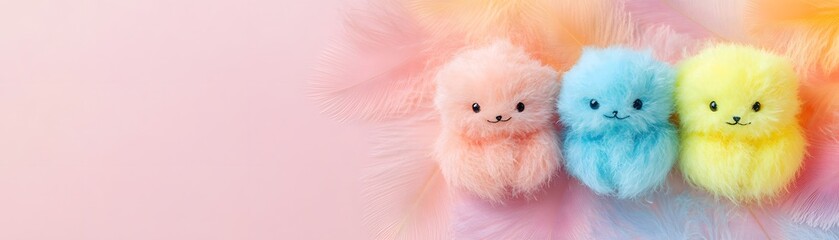 Pastel colored fluffy animal toys against a soft background.