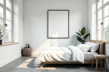 Serene Minimalist Bedroom Design with Natural Light and Blank Canvas for Art
