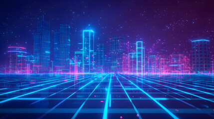 Fototapeta premium Transforming urban spaces smart city skyline futuristic urban center digital grid visualization nighttime scene sleek design