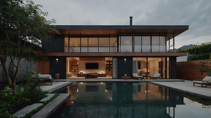 Modern luxury home exterior with pool at dusk, reflecting lights and nature