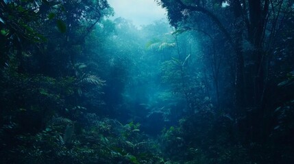 Fototapeta premium Enchanting backdrop of Southeast Asia's tropical jungles shrouded in mist.