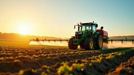 Fototapeta premium A powerful agricultural tractor sprays crops at sunset, enhancing growth and ensuring a bountiful harvest in a meticulously cultivated field.