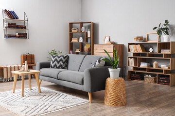 Cozy sofa, coffee table and bookcases in interior of living room