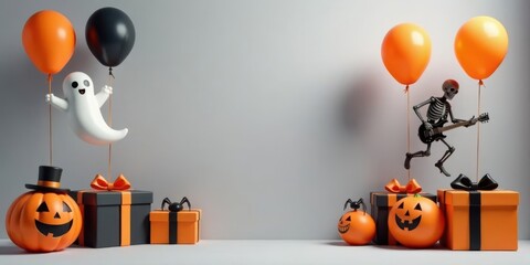 A Spooky Celebration with Friendly Ghosts, Skeletons, and Festive Jack-o'-lanterns, Featuring Balloons and Gifts for a Thrilling Halloween