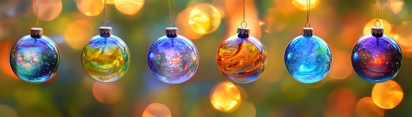 Colorful christmas ornaments in soft focus.