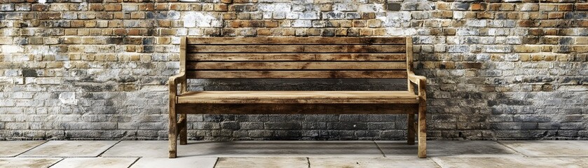 Rustic wooden bench against weathered brick wall.