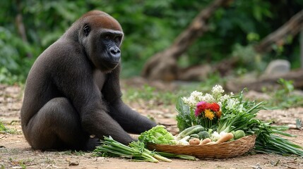 Gorilla with vegetables and flowers